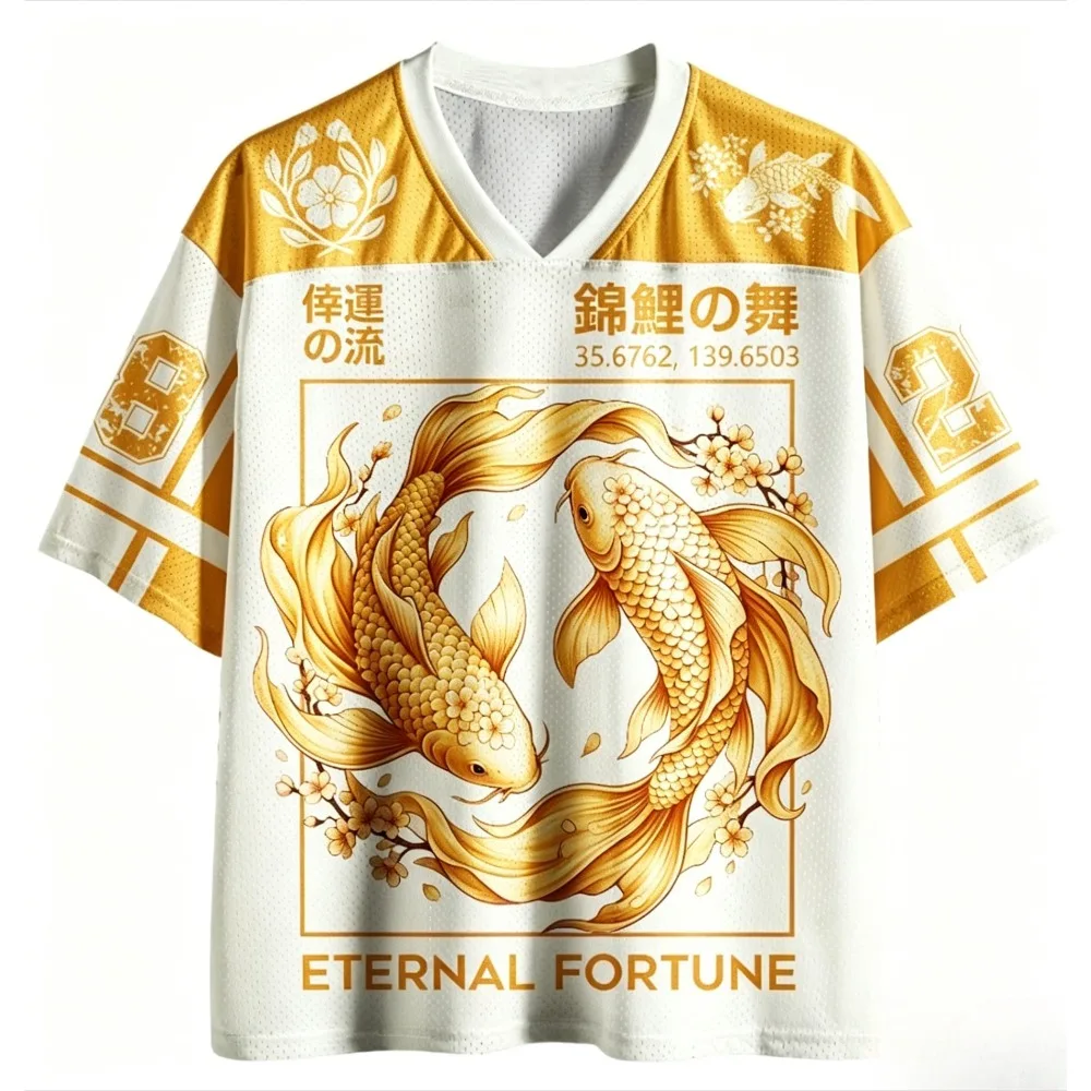 2026 Japanese Koi Fish Print Mesh Jersey T-Shirt Eternal Fortune V-Neck Breathable Streetwear Casual Short Sleeve Tee Unisex