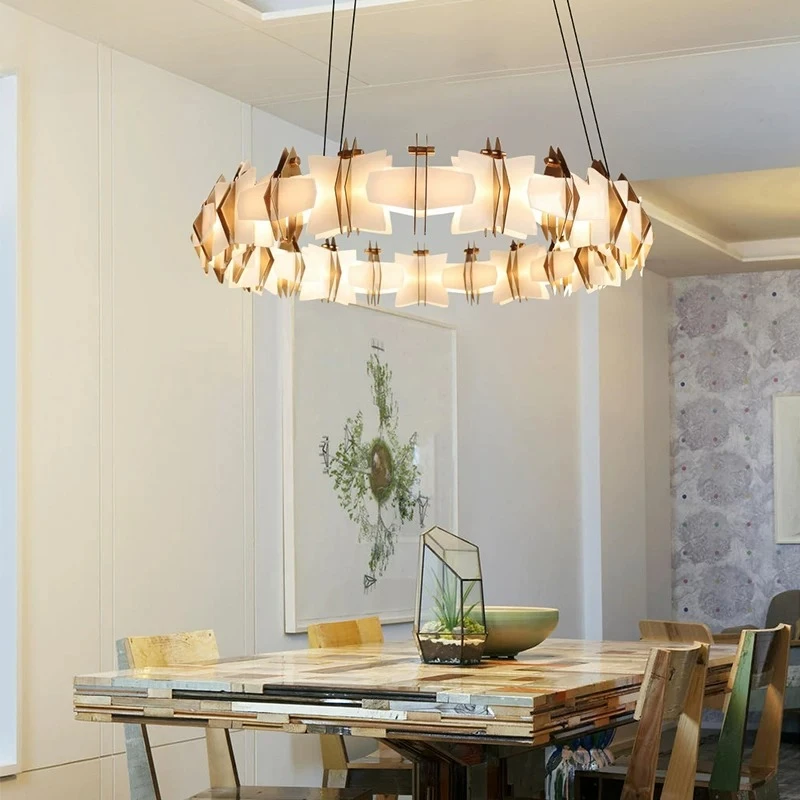 Modern Geometric Circular Chandelier Gold  White LED Pendant Light Art Deco Hanging Lamp for Dining Room Living Room