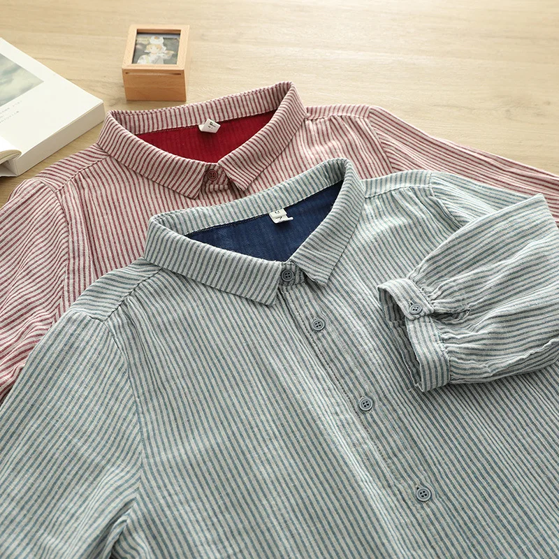 2025年夏新作 コットンヤーン ハーフスリーブシャツ レディース 襟付きストライプ柄 森ガール カジュアル 多機能 ゆったりブラウス T57384CC