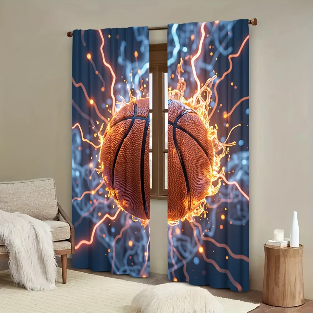 2pcs Abstract Flame Basketball Design Curtains - Dark Blue with Orange & White Flame Pattern, Rod-Pocket Top for Easy Hanging, S