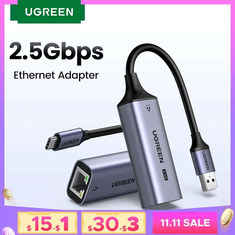 UGREEN USB Ethernet Adapter 2.5G 2500Mbps USB3.0 Network Card for Laptop PC NAS Server Windows Mac OS USB-A/C Internet Adapter