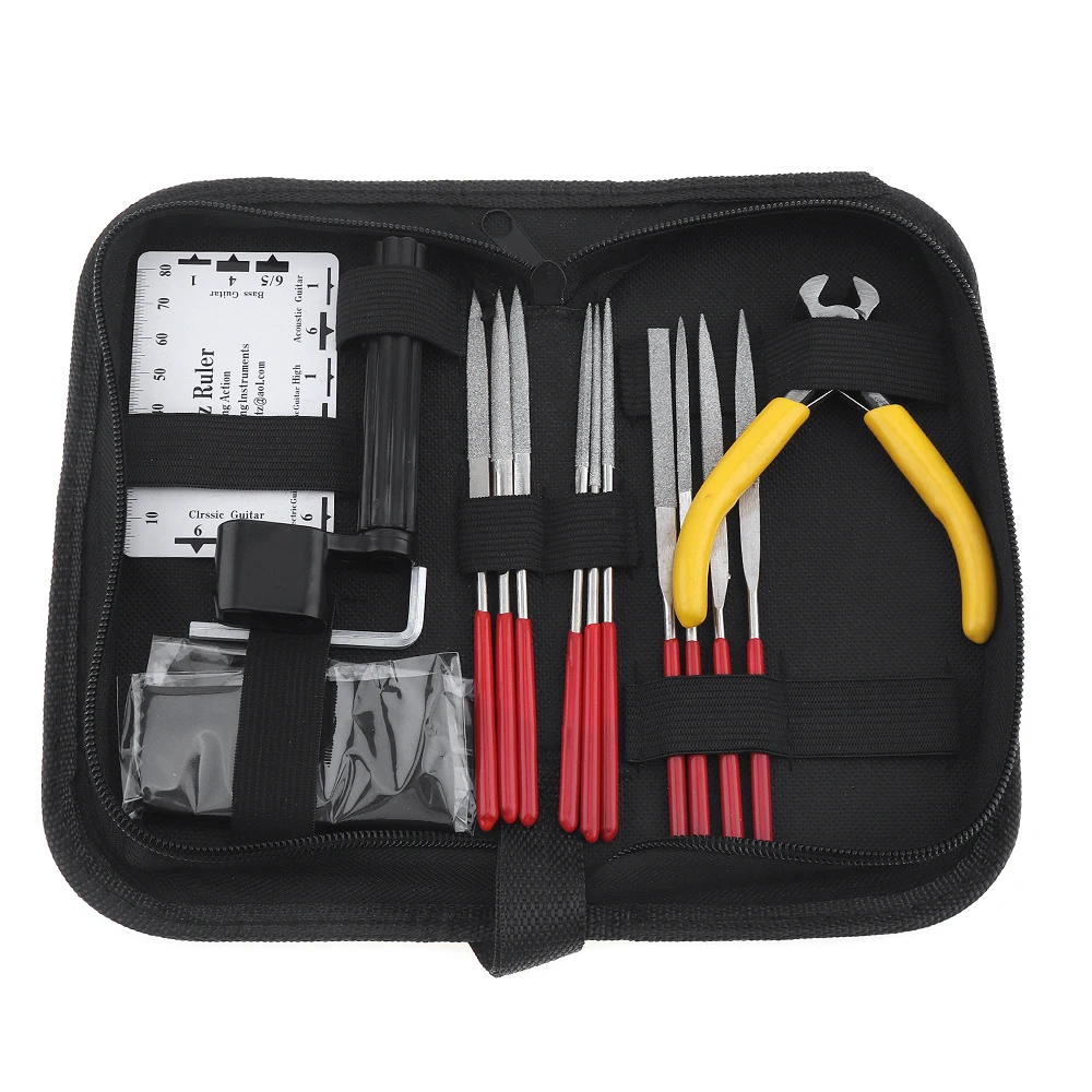 

15pcs Guitar Repair Tool Kit Case String Pitch Ruler Cutter Winder Diamond Files Nut Saddle Maintenance Cleaning Toolkits Set