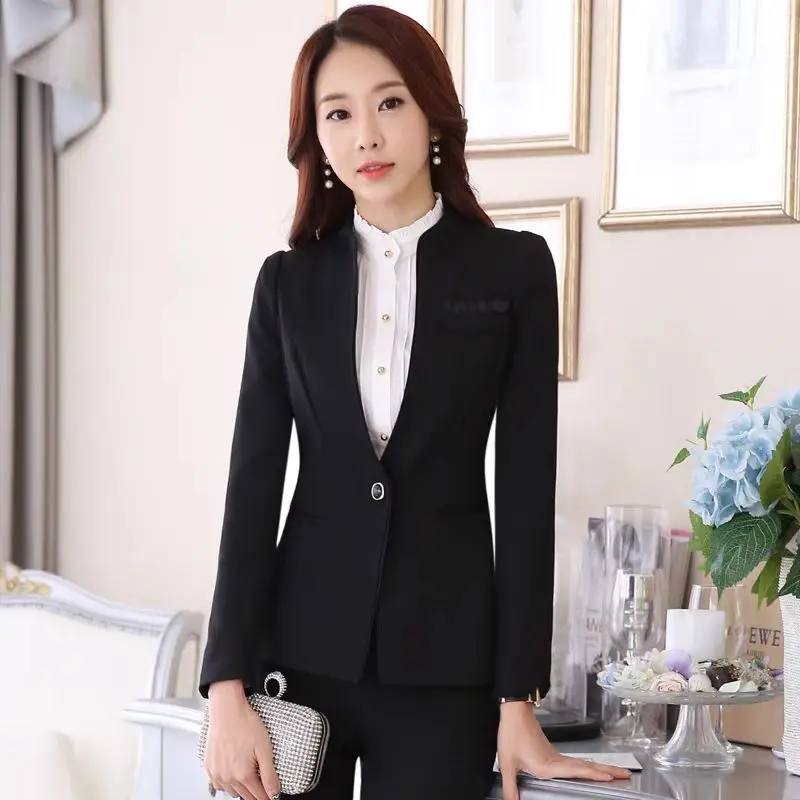 NAVIU mode femmes gris costumes nouveau automne hiver professionnel à manches longues Blazer et pantalon bureau dames vêtements de travail noir