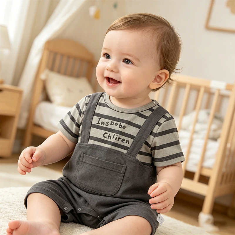 Infant Striped Romper Short Sleeve Fake Overalls Style Baby Jumpsuit Soft Cotton Bodysuit with Snap Crotch for Boys Girls