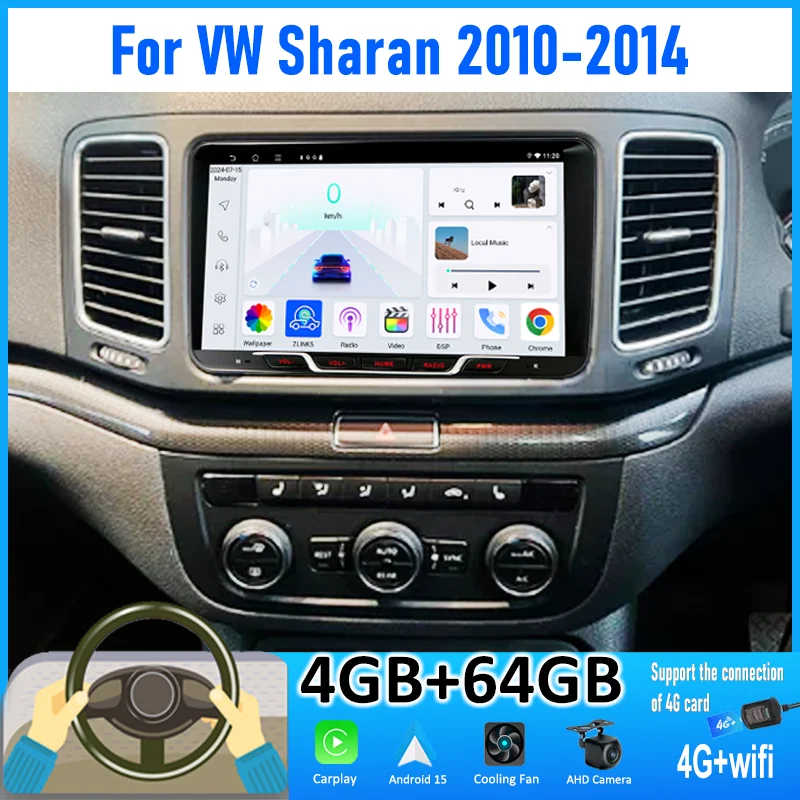 9'' 4+64GB For VW Sharan 2010-2014 Car Radio Android 15 Auto Support Wireless Apple Carplay 4G+WIFI Google Map QLED Touchscreen
