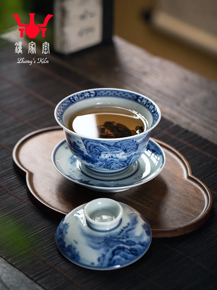 Zhongjia Kiln Tea Cup, Jingdezhen High End Lid Bowl, Single Handmade Blue And White Firewood Kiln, Diangong Mountain