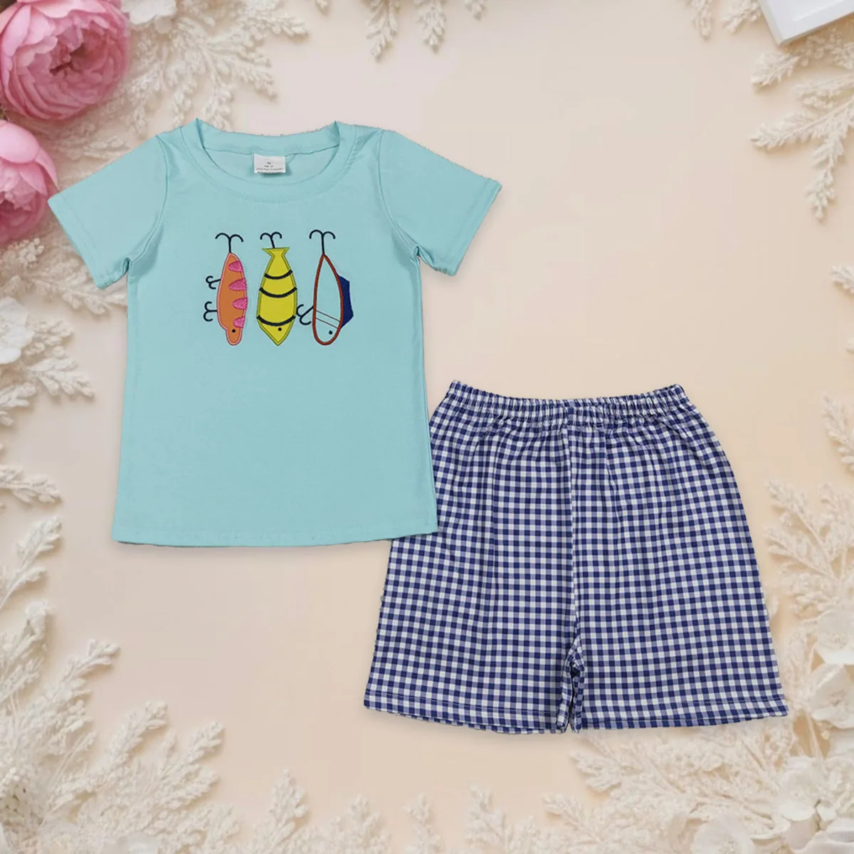 

Children Embroidery Fishing T-shirt Baby Boy Summer Short Sleeves Set Infant Toddler Blue Checked Shorts Kids Outfit Wholesale