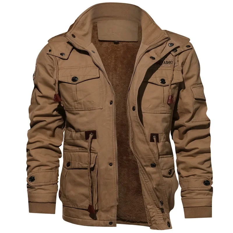 Blouson aviateur à capuche pour homme, manteau épais en peluche, vêtements de travail moyens et longs, grand coton, automne et hiver