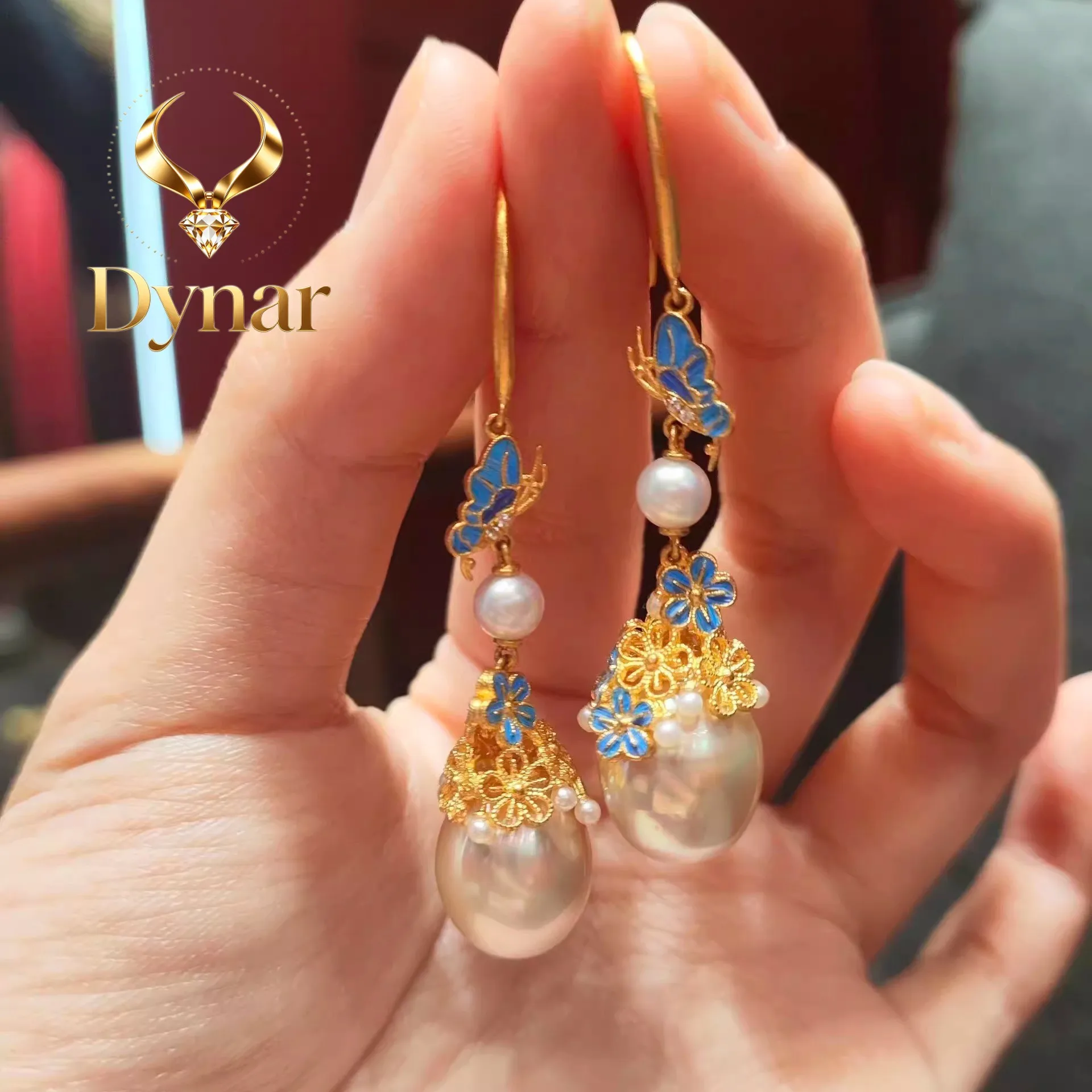 

Dynar Jewelry New Chinese style Dot Cui filigree 9999 24K real gold inlaid pearl for women retro palace style tassel earrings