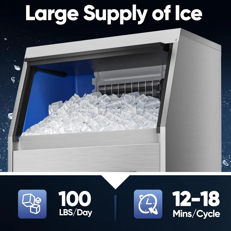 Commercial Ice Maker Machine, 100LBS/24H Stainless Steel Under Counter Ice Maker with 34LBS Ice Bin