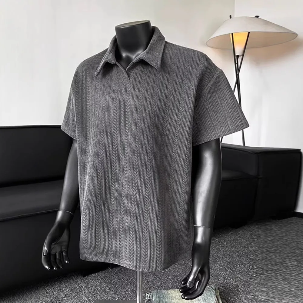 Wheat Grain Jacquard Polo Neck Short-sleeve Men's American Vintage Turn-down Collar T-shirt With Half-sleeve Sleeves