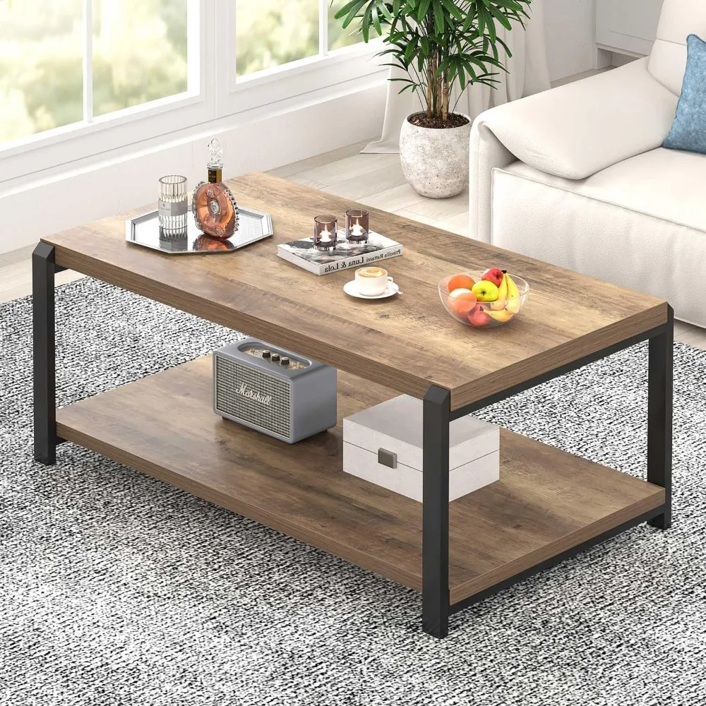 Rustic Industrial Style Coffee Table, Rectangular Wood and Metal Centerpiece for Living Room, Modern Cocktail Table with Storage