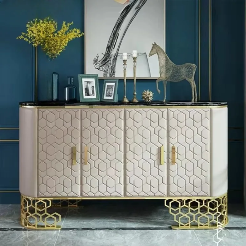 

Luxury restaurant sideboard, modern gold stainless steel, frame buffet display cabinet, leather kitchen sideboard
