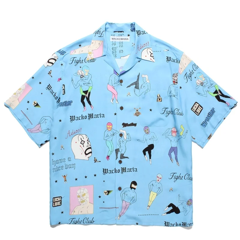 25SS New WACKO MARIA Highest Quality Character Mask Abstract Hawaii Short Sleeve Shirt Men's Women's Brand Shirt Tops