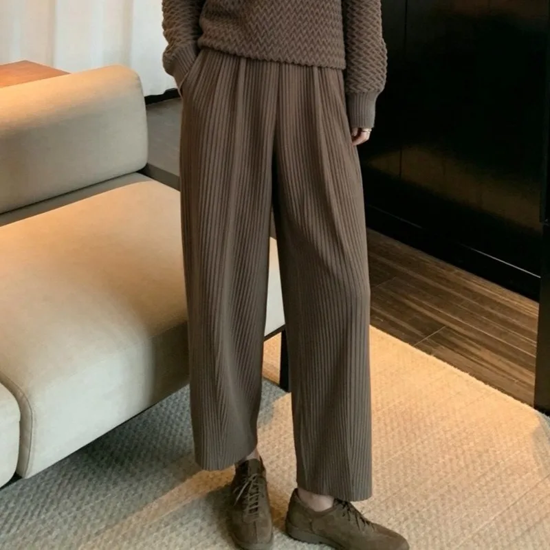 Pleated Thick Pants Women Plisse 2026 Solid Color Casual Trousers Autumn Winter New Simple Versatile Wide Leg Pants Casual Pants
