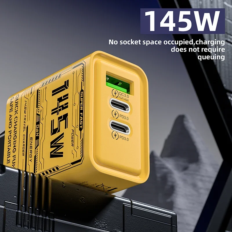 3ポートの高速電話充電器,USB PD充電アダプター,壁コンセント,iPhone, Samsung, Huawei, EU, US, UK, 145W