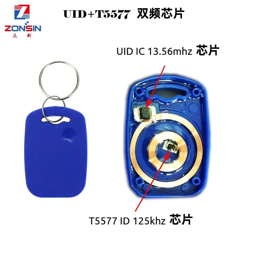 UID regravável Composto Key Tags, IC + ID, UID, Dual Chip, RFID Freqüência, 125KHZ, T5577, EM4305, 13,56 MHZ, mutável, gravável, 10pcs