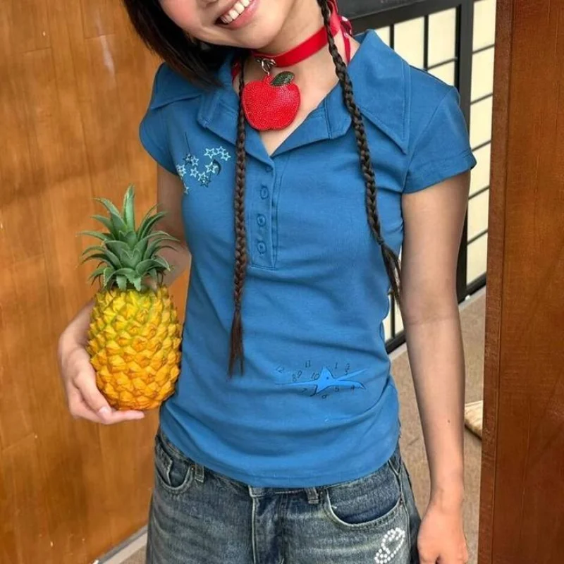 اليابانية كلية نمط الأزرق قميص بولو بأكمام قصيرة تي شيرت Y2K المرأة الرجعية عادية التنقل ثقافة فرعية المرأة #3