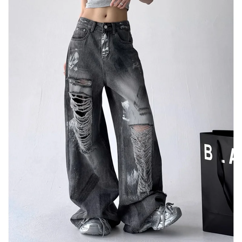 

Y2K Black Graffiti Worn Out Womens Jeans High Waist Vintage Straight Baggy Denim Pants Street American Wide Leg Denim Trouser