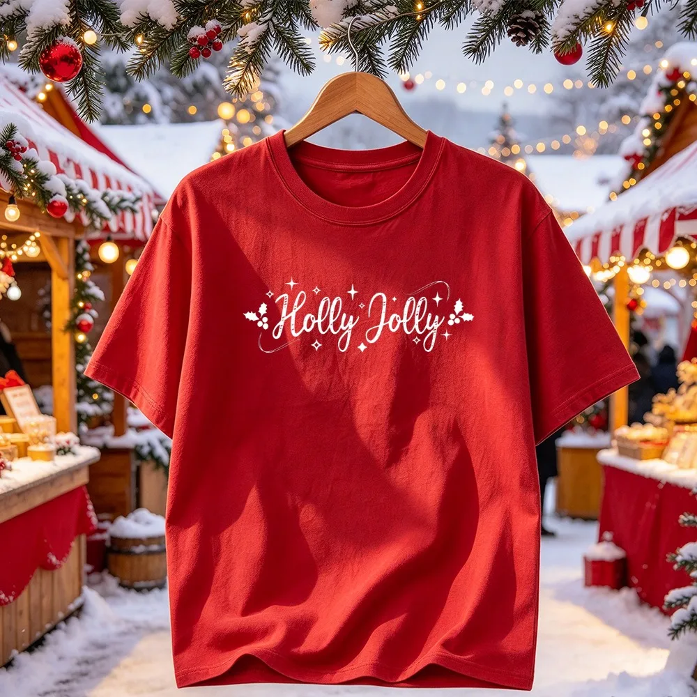 Holly Jolly Graphic Tee Elegant Cursive Letter Holly Berry Star Print Minimalist Christmas Casual T-shirt Winter Holiday Tops