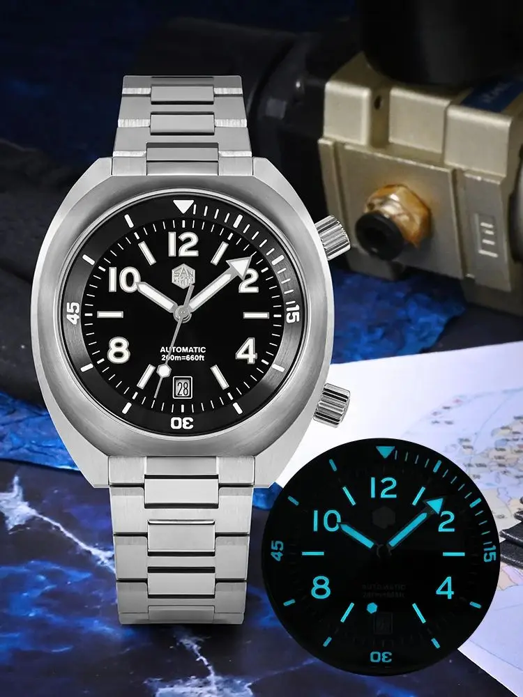 San Martin 42mm Diver Wristwatch For Men Automatic Mechanical Watch YN55 6H Date Fly Adjust Clasp Sapphire Luminous 20Bar SN0066