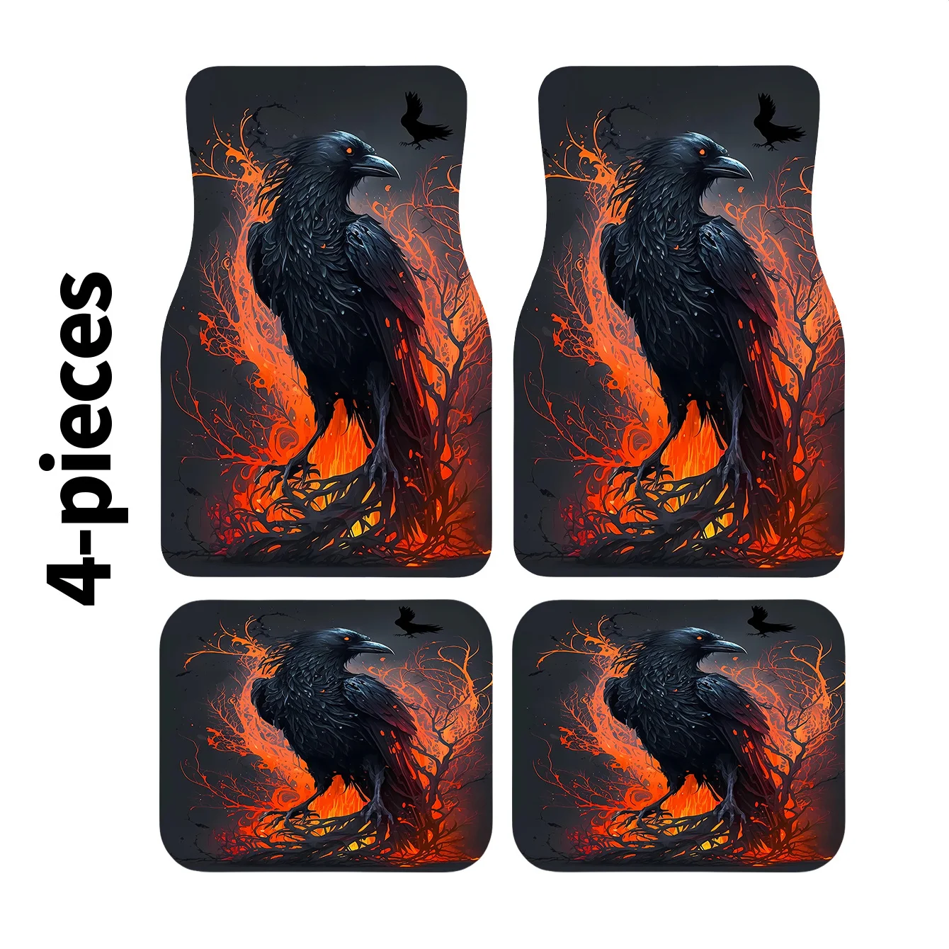 Set Of 4 Trendy Car Floor Mats Featuring A Black Raven Design On Flames, Perfect For Enhancing Your Car'S Interior Style And Com