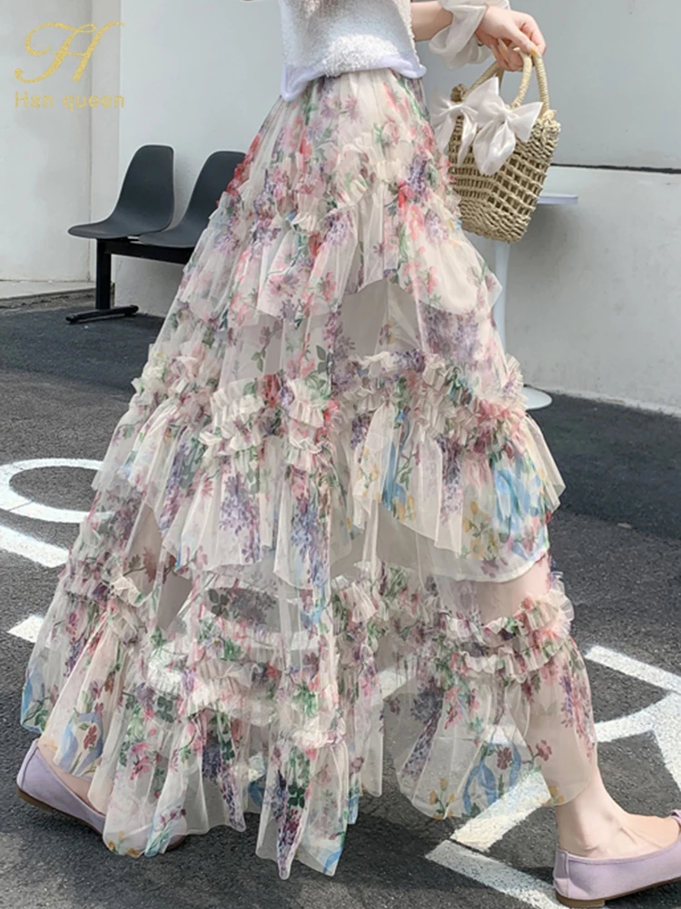 

H Han Queen Korean Popular Women's Clothes Printed Elastic High Mesh Long Skirt Women Summer A-line New Big Swing Casual Skirts