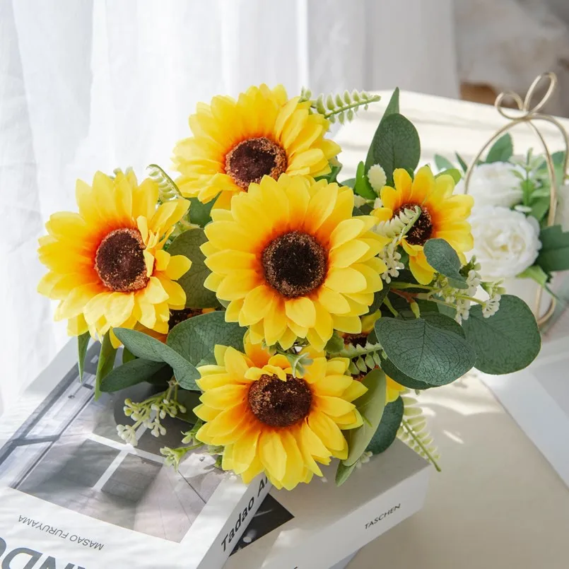 7 künstliche Blumenköpfe aus Seide, Sonnenblume, Hochzeits-Brautstrauß, Festdekoration, Heimdekoration, Garten, Wanddekoration, DIY-Geschenk – Detail 3