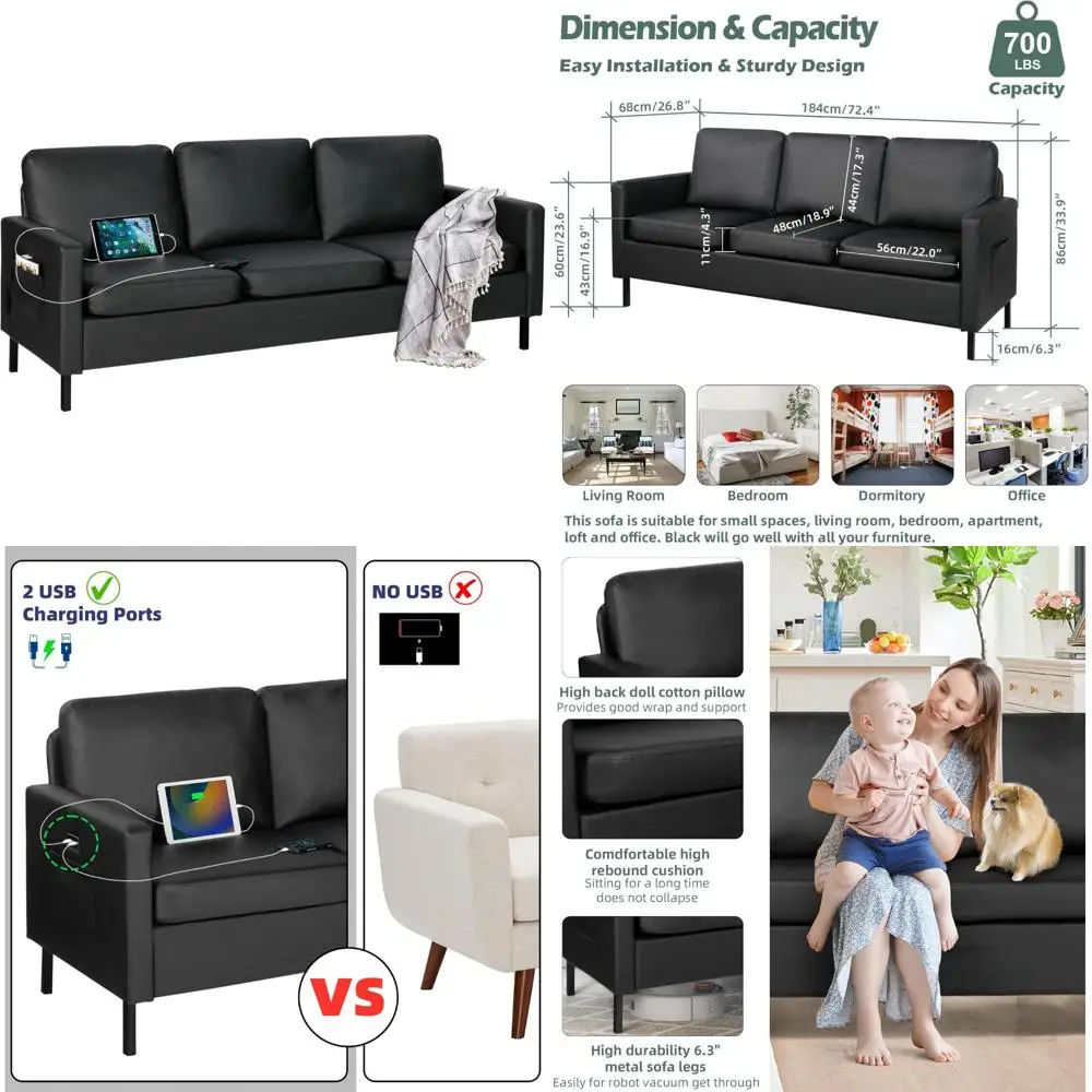 

3-Seater Modern Black Faux Leather Sofa with USB Ports, Comfortable Couch for Living Room or Apartment