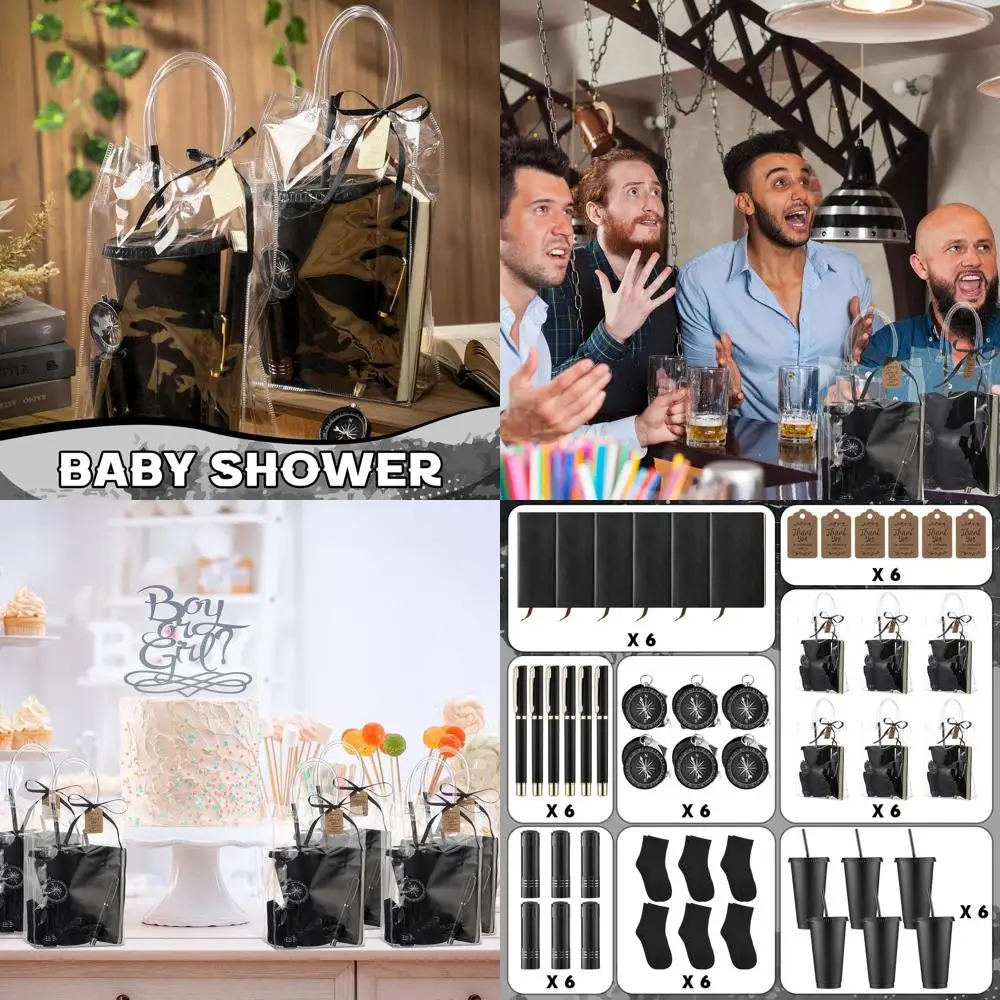 

Men's Baby Shower Prizes: Black Cups, Socks, Compasses, Pens, Notebooks, Flashlights, Gift Bags, Labels & Ribbons for Groomsmen