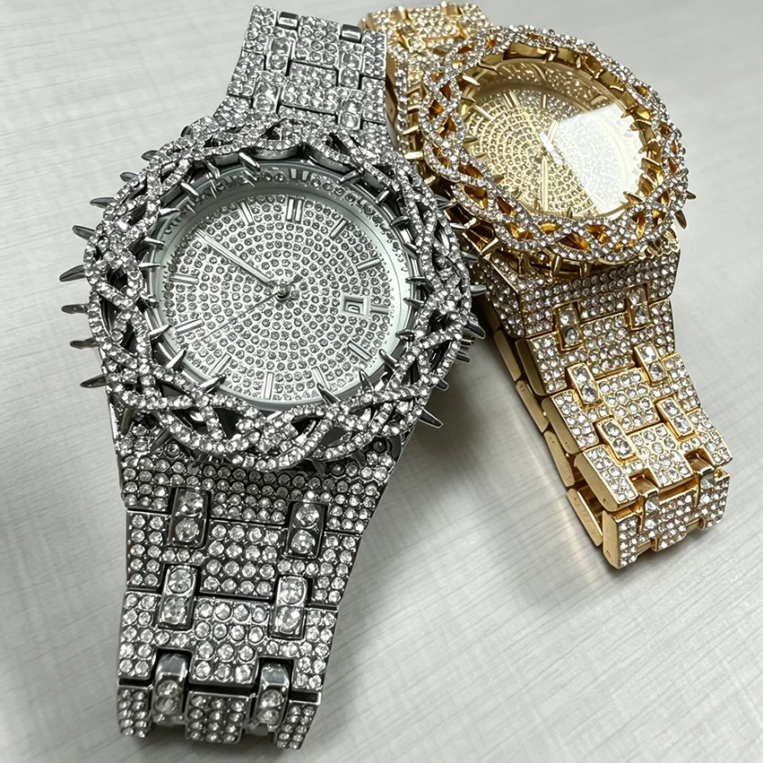 Quartz Watches For Men Flower Case Luxury Diamond Men's Watch With Blingbing Zircon Gold Fashion Hip Hop Hand Clock New