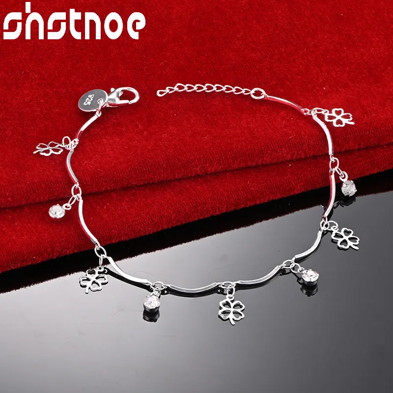 

SHSTONE 925 Sterling Silver Round Zircon Crystal Lucky Grass Chain Bracelet For Woman Wedding Accessories Party Fashion Jewelry