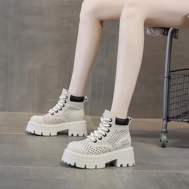 Women's Summer Thin 2024 New Height Increasing Insole Hollow-out Sandal Genuine Leather Elevator Boots