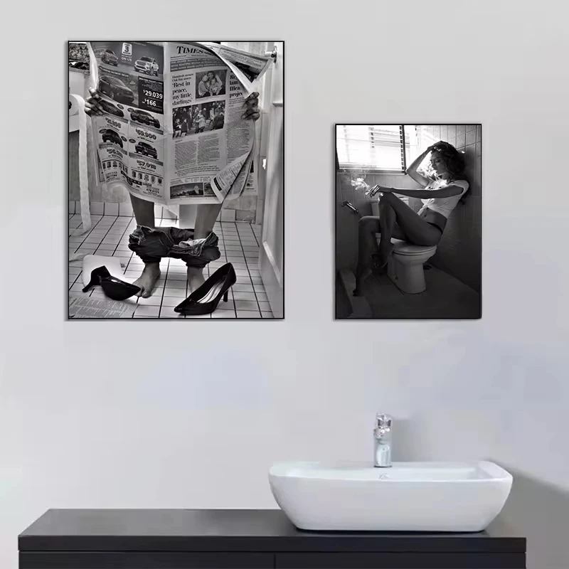 Modern Toilet Sexy Woman Canvas Prints Bar Girl Drinking Bathroom Picture Poster Fashion Black White Roll Paper Painting Decor
