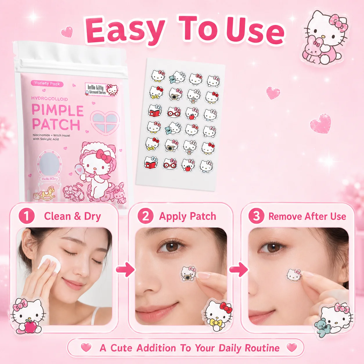 24/72pcs Hello Kitty Hydrocolloid Pimple Patches, Cute Cartoon Acne Spot Stickers, Variety Pack Invisible Blemish Cover, view 3