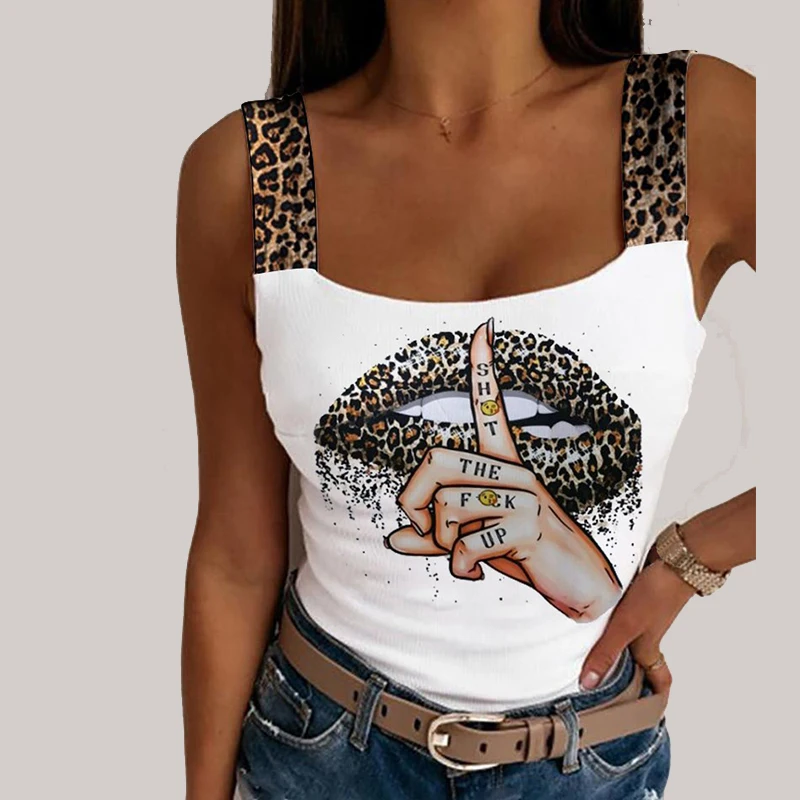 Sexy Tank Tops Women\'s Leopard Lips Print Sleeveless Crop Tops Fashion Party Club Summer Sleeveless Streetwear Bustier Tops