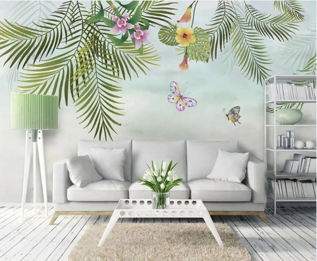 Customized Wallpaper Nordic Hand drawn Watercolor Tropical Leaves Butterfly TV Sofa Background Wall Decorative 3d Wallpaper