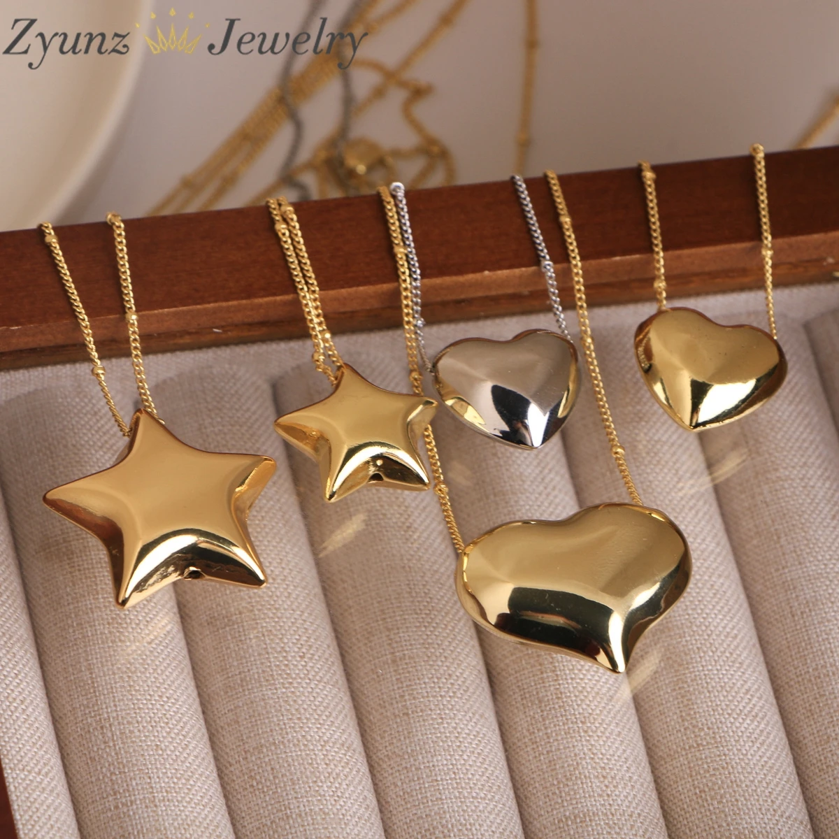 5pcs, Gold Color Polished Smooth Heart Star Pendant Necklace Women Female Fashion Daily Jewelry