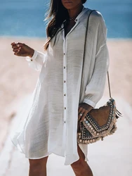 Breathable Button Down Swim Cover Up Shirt Sexy Long Sleeve Beach Blouse Bathing Suit Cover Ups for Women 2025 Solid Beachwear