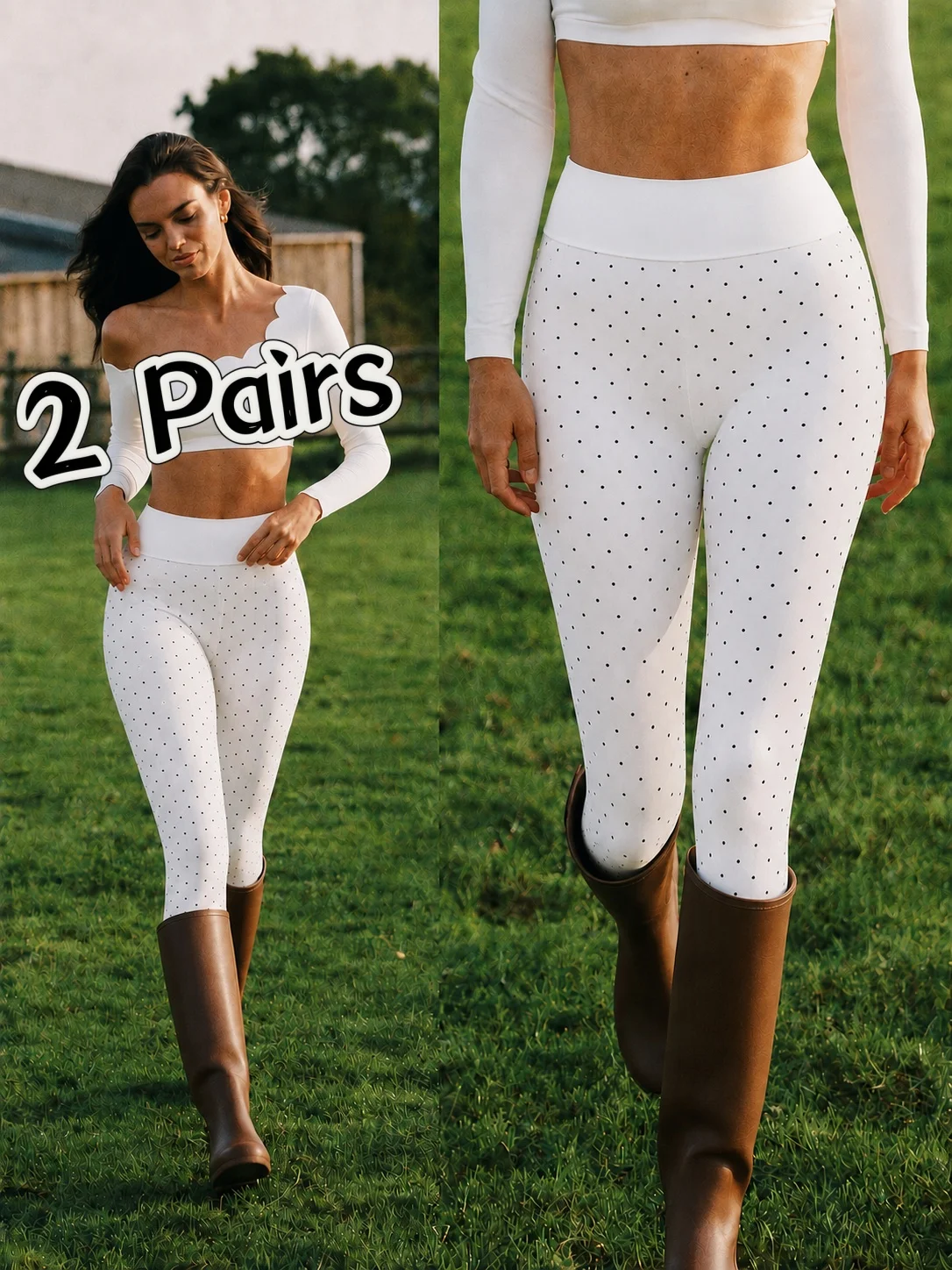 2 Pairs Women Cream White Tiny Polka Dot High Waist Leggings Stretch Soft Tummy Control Hip Lifting Slim Retro Pants