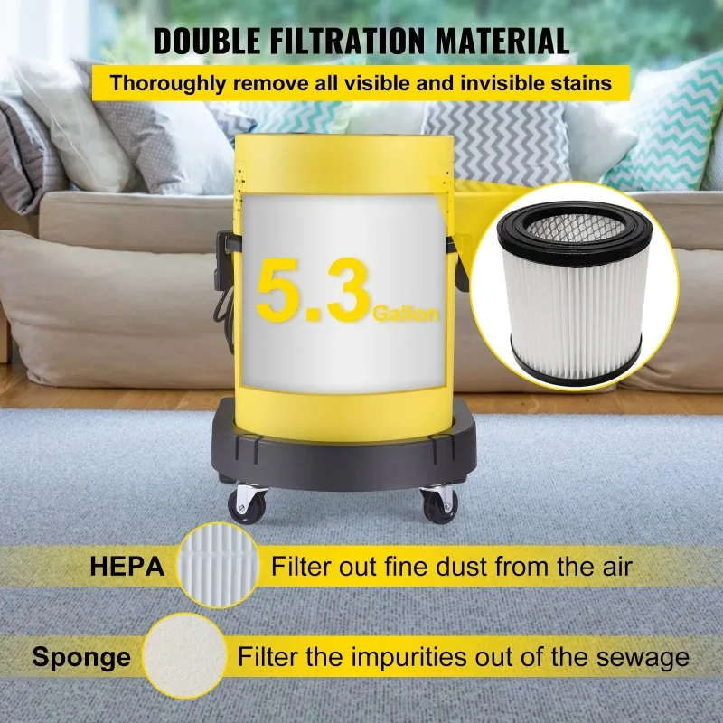 Wet Dry Vacuum Cleaner 5.3 Gallon 2 Peak HP 4-in-1 Portable Shop Vacuum with Blow and Spray Function for Household Car