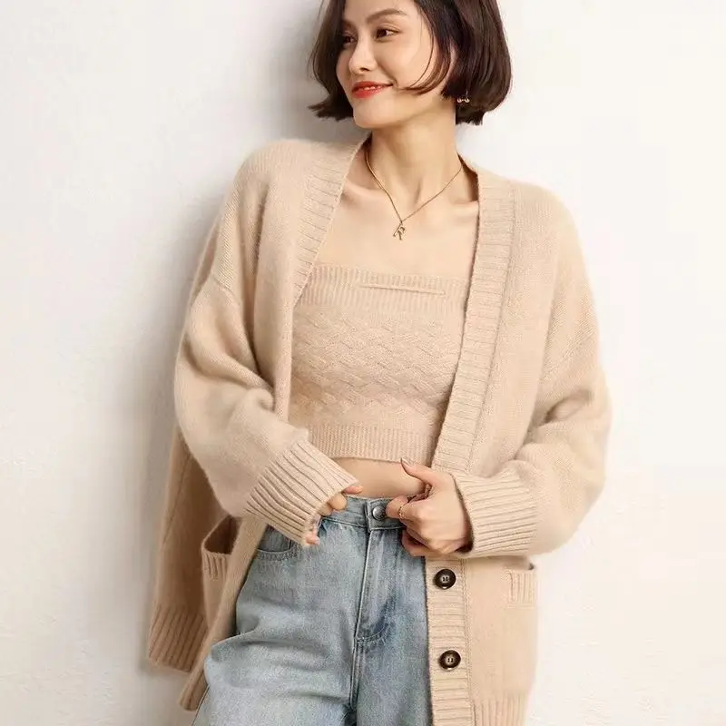 Lazy Retro Jacket Knitted Sweater Cardigan Solid Color Style Versatile Top Cardigan Medium to Long