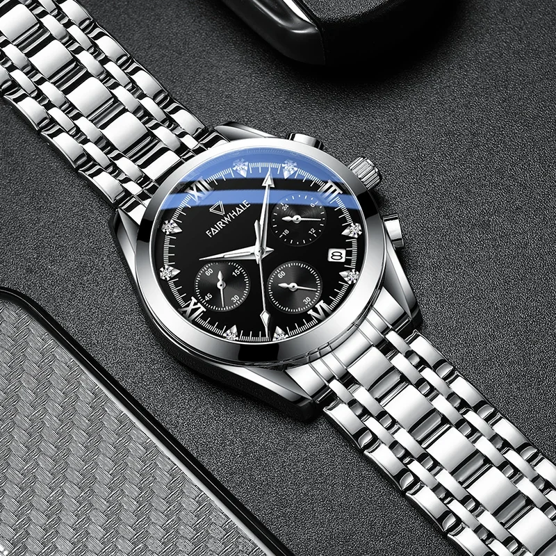 Mark Fairwhale 5380 Relógio de negócios masculino com fivela borboleta de aço inoxidável cronógrafo de quartzo relógio de pulso à prova d'água
