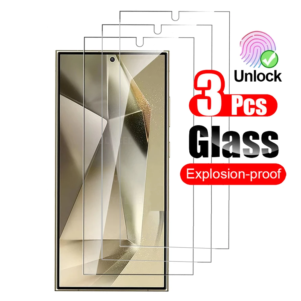 3Pcs Tempered Glass For Samsung Galaxy S25 FE Ultra Edge Plus S25+ 5G Screen Protector Fingerprint Unlock Protective Film Clear