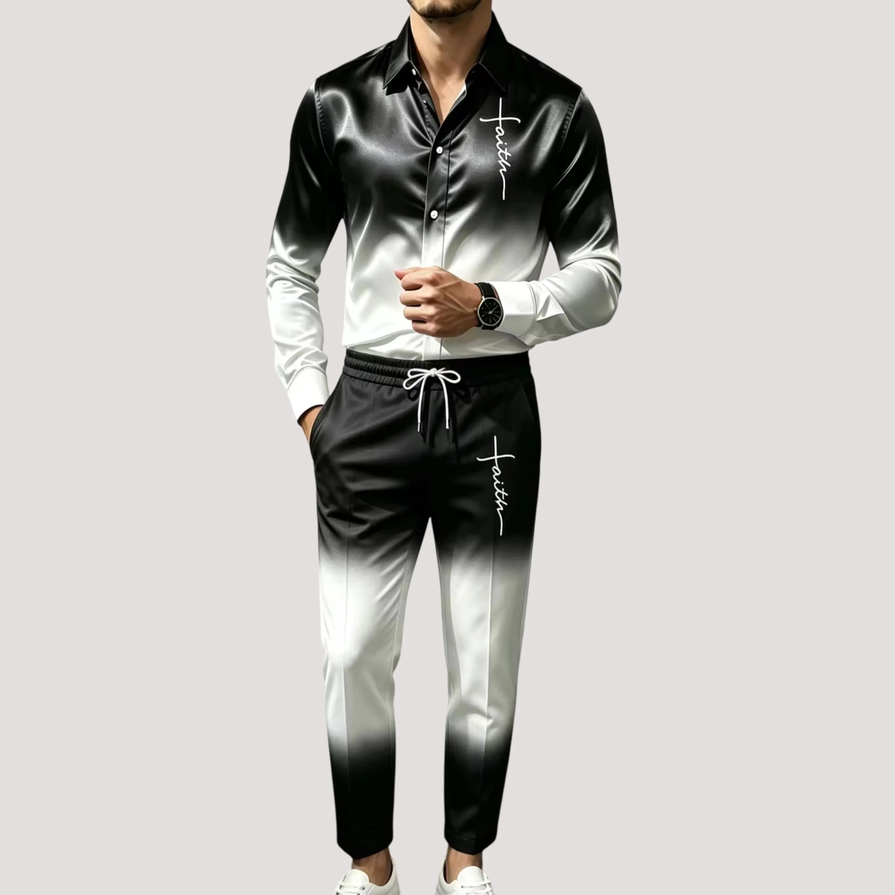 Men's Satin Silk Sports Suit Two-Piece Set Gradient Long-Sleeved Shirt Letter Printed Casual Fashion Streetwear