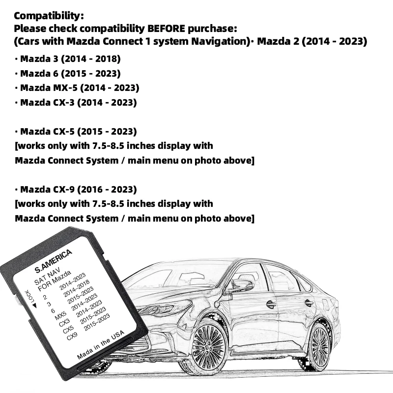 Navigation SD Card for Mazda 2/3/6/MX5/CX5/CX9 Vehicle 8GB South America Map Sat Nav Naving GPS Connect1 Update Software Version