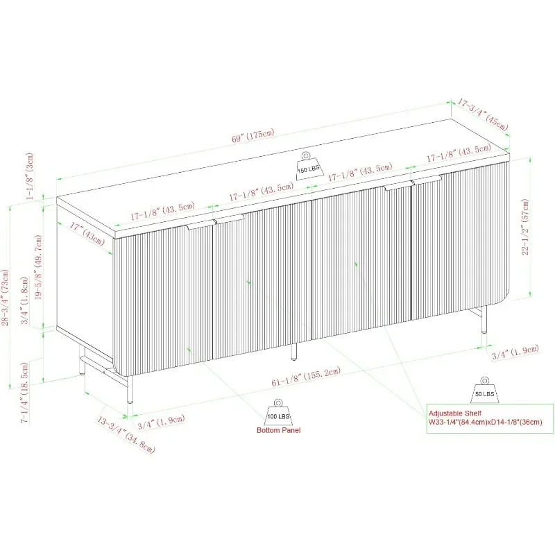 Scandinavian Grooved 4-Door Sideboard, 69 Inch,