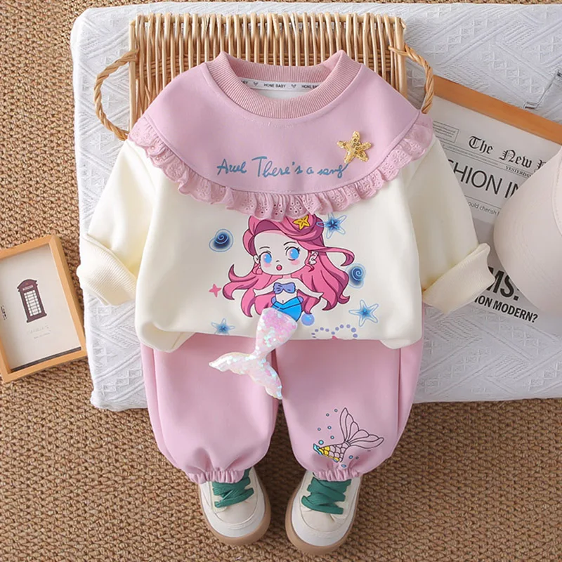 

Girls' Cartoon 2Pcs Set Spring Autumn Color Blocked Long Sleeved Round Neck Sweatshirt and Children's Casual Sweatpants Suit