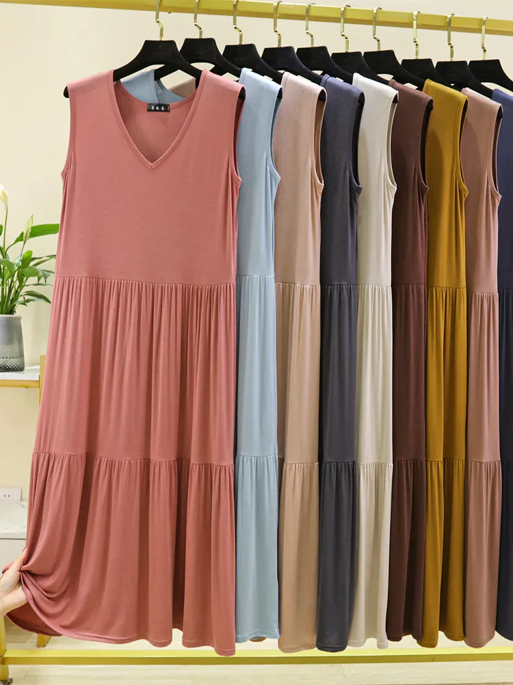 Summer Thin Modal V-neck Dress Large Size Slim Splice Cake Skirt Sleeveless Vest Dress Long Dress Inner Wear Korean Style
