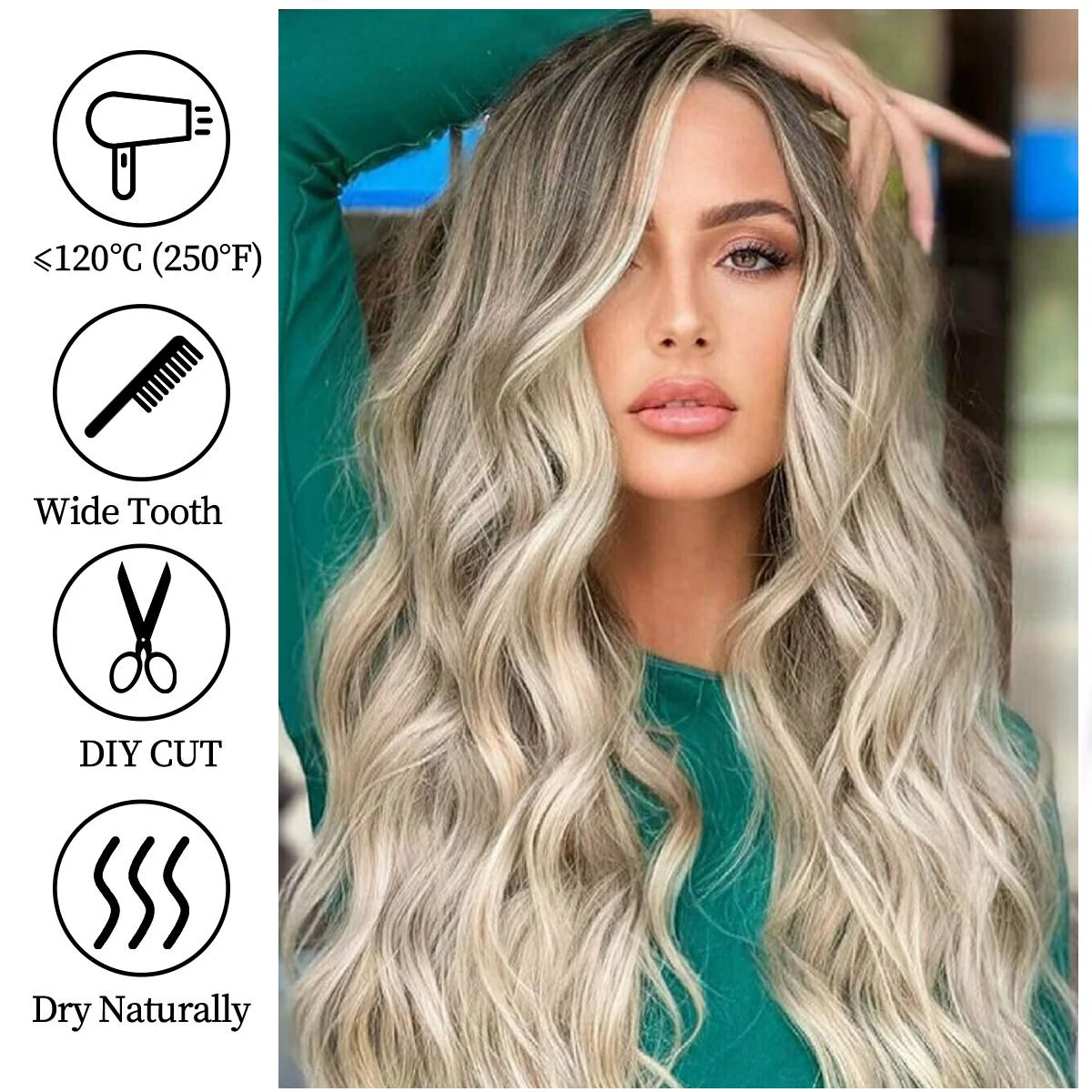 Peruca de onda de água loira Ombre para mulheres, perucas onduladas longas, cabelo sintético, peruca natural da parte média, resistente ao calor